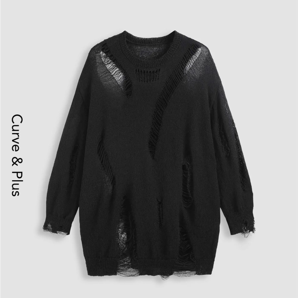Cider Black Distressed Oversized Knit Sweater